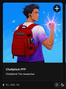 An NFT profile picture titled 'Chelphich PFP' described as 'Chelphick The Researcher,' showing an anime-style male character with a red backpack holding a glowing purple orb, priced at $1,888.94.