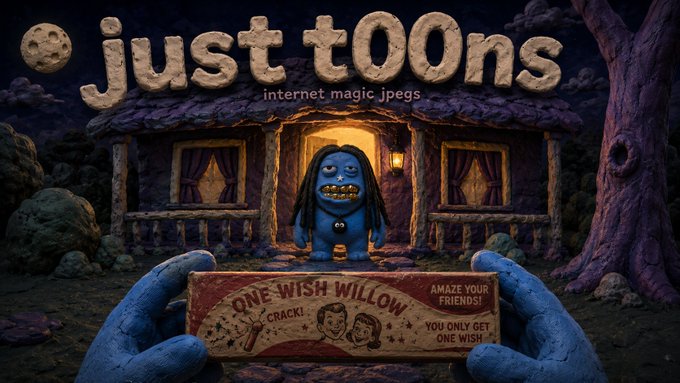 A 3D claymation-style image titled "just toons" with the tagline "internet magic jpegs" shows a blue creature standing in a cottage doorway, while two blue hands in the foreground hold a "ONE WISH WILLOW" trading card advertising "YOU ONLY GET ONE WISH." The whimsical wish-granting concept visually echoes the post's playful tone of the author jokingly using their "one wish" on a Just Toons mint.