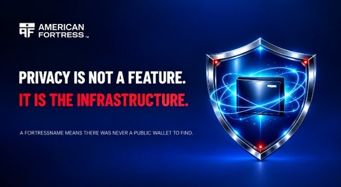An American Fortress advertisement states 'PRIVACY IS NOT A FEATURE. IT IS THE INFRASTRUCTURE.' with the tagline 'A FORTRESSNAME MEANS THERE WAS NEVER A PUBLIC WALLET TO FIND.'
