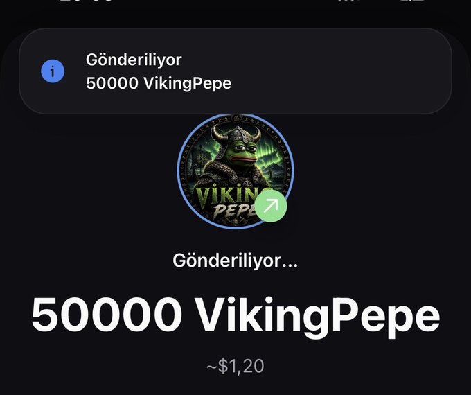 The image shows a crypto transaction screen indicating "Gönderiliyor" (Sending) 50000 VikingPepe tokens, valued at approximately $1.20, featuring the VikingPepe frog warrior logo.

This relates to the post's $50 giveaway requirement, illustrating how someone would send out VikingPepe tokens to participants, though the 50,000 tokens shown would only be worth about $1.20 rather than the $50 threshold mentioned.