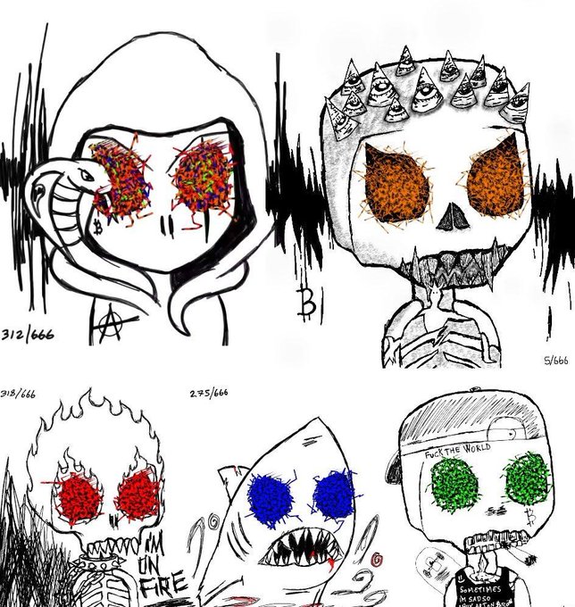 Five numbered skull illustrations (666/312, 5/666, 2/15/666, 273/666) feature colorful textured eye sockets with text elements like "I'M ON FIRE" and "FUCK THE WORLD" alongside the "Ordskul" mint marketplace announcement. The hand-drawn, punk-style skull characters with spiked crowns and graffiti-like text align with the edgy aesthetic promoted in the NFT drop announcement.