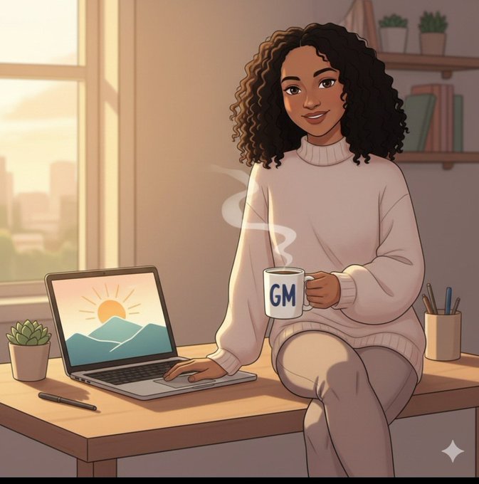 A woman with curly hair wearing a pink sweater sits at a desk, holding a steaming mug labeled "GM" (good morning) while working on a laptop displaying a sunrise wallpaper. The image ties to the "Good morning Frens" greeting and the "Another day to cook" energy, visually setting the mood for a productive session focused on Arc's Community X Banner Design Contest.