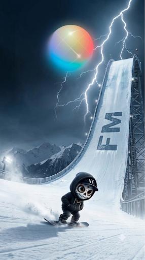 A snowboarder in dark gear rides down a snowy slope with a large ramp labeled 'FM' in the background, dramatic lightning, and a colorful glowing sphere in the stormy sky.