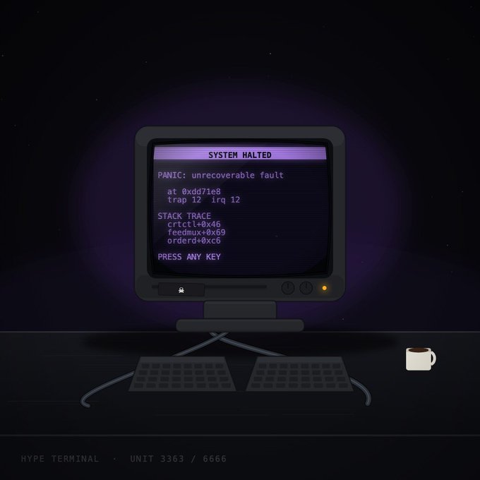 A retro-style illustration of a vintage computer monitor displaying a "SYSTEM HALTED" panic error screen with stack trace details, accompanied by a keyboard and coffee mug on a desk, promoting the "HYPE TERMINAL" NFT collection (Unit 3363/6666) with a nostalgic, tech-failure aesthetic.