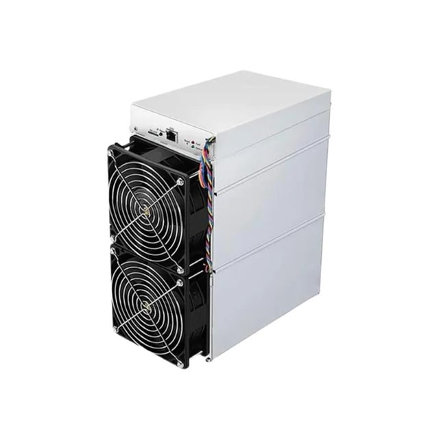 A photo of a silver ASIC cryptocurrency mining machine, featuring two large cooling fans on the front and a control panel on the top edge.