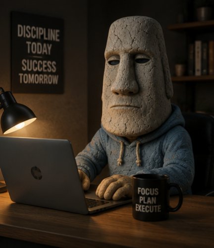 A stone-like figure in a blue hoodie sits at a desk working on a laptop, accompanied by motivational text: 'DISCIPLINE TODAY SUCCESS TOMORROW' on a wall sign and 'FOCUS PLAN EXECUTE' on a black mug.