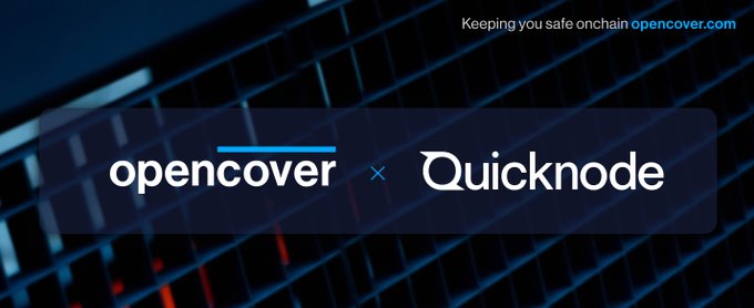 A digital banner reads 'opencover x Quicknode' with the tagline 'Keeping you safe onchain opencover.com' against a dark keyboard background.