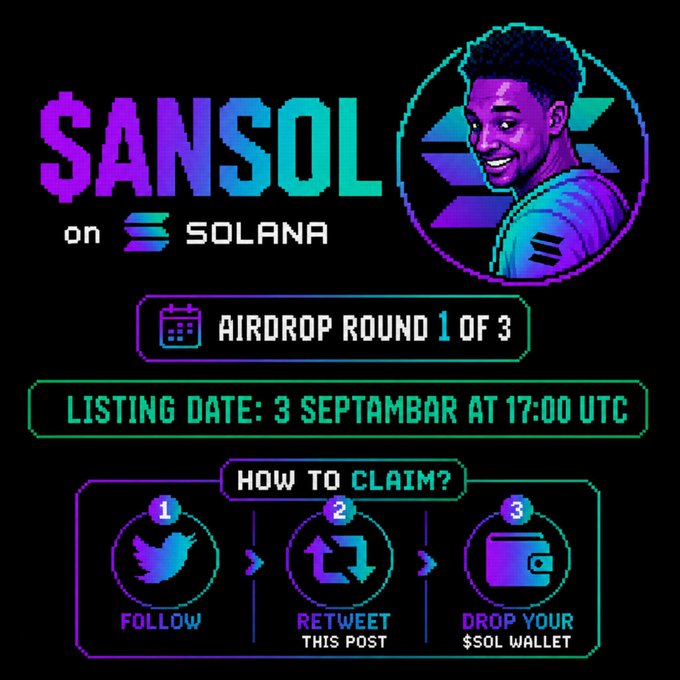 The image is a pixel-art promotional graphic for "$ANSOL on Solana," featuring a retro-style portrait of a smiling man, and announces "AIRDROP ROUND 1 OF 3" with a listing date of "3 SEPTAMBAR AT 17:00 UTC." It outlines a three-step claiming process—Follow on Twitter, Retweet the post, and Drop your $SOL wallet—which aligns with the accompanying post directing users to submit their SOL address for a guaranteed 1M $ANSOL airdrop via r2ansol.com.