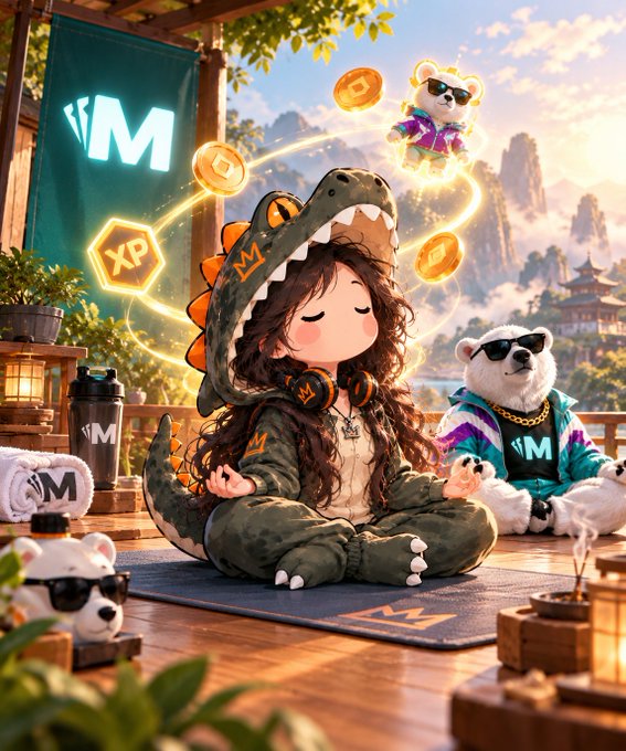 An illustrated chibi character in a dinosaur onesie meditates beside a cool bear wearing sunglasses, with floating coins and an 'M' logo banner nearby.