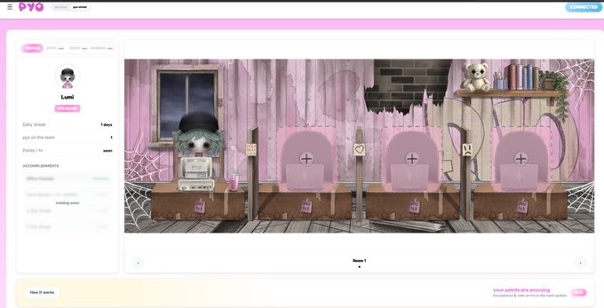 A digital interface for 'pyo' shows a virtual room with a pink aesthetic, featuring multiple toilet stalls and a chat panel on the left.