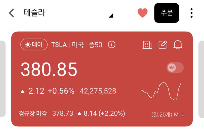 A stock app interface shows Tesla (TSLA) trading at $380.85 USD, up 2.12 (0.56%), with Korean language interface.