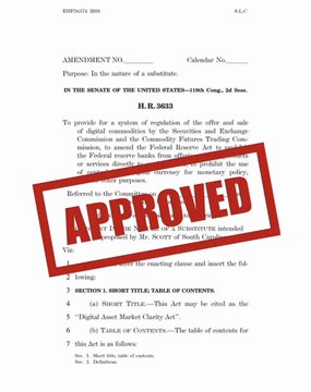 This image displays H.R. 3633, titled the "Digital Asset Market Clarity Act," stamped with "APPROVED." The accompanying post confirms that Democrats are ready to vote in favor, indicating the bill will pass.