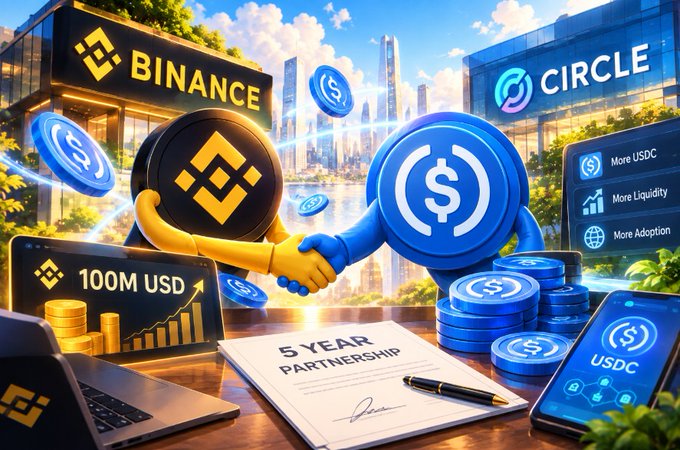 A promotional graphic depicting a partnership between Binance and Circle, featuring their logos shaking hands, a document labeled '5 YEAR PARTNERSHIP,' and a laptop showing '100M USD' growth.