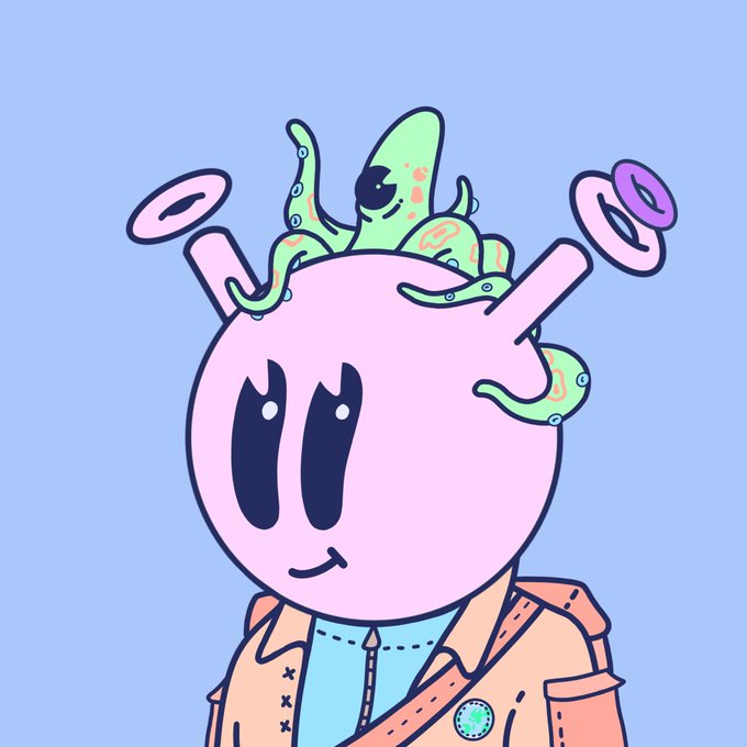 An illustration of a pink cartoon character wearing a tan coat, with green tentacle-like appendages and floating rings emerging from its head against a light blue background.