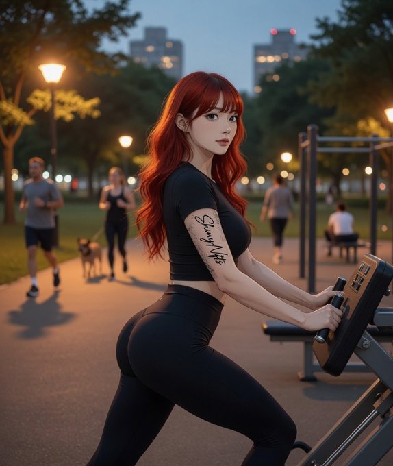 A red-haired woman in black athletic wear uses outdoor gym equipment at dusk, with a tattoo on her arm reading "Good Night" — matching the post's "Good Nigth" greeting as she represents the night-time work ethic behind building reputation and adapting to the fast-evolving Web3 marketing landscape.
