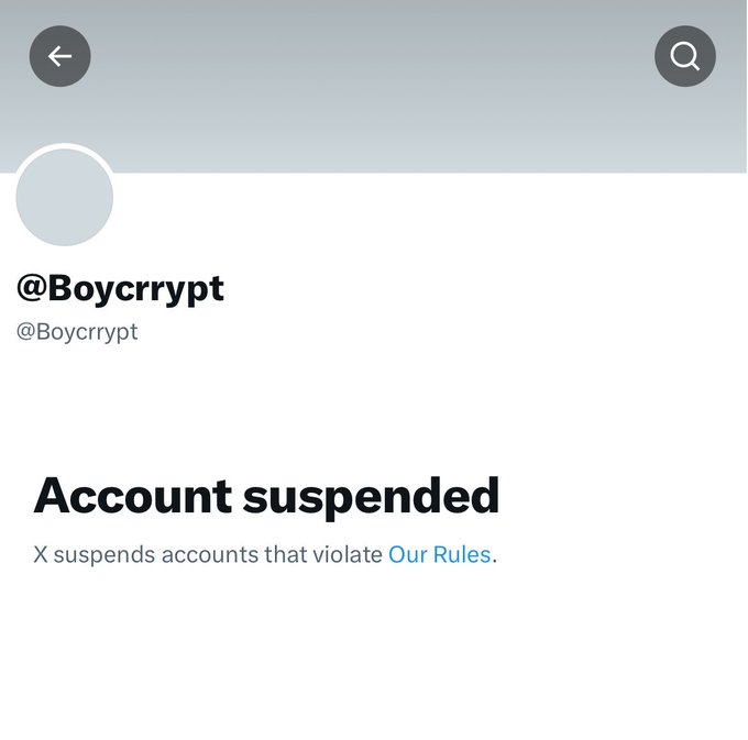 The image shows a suspended X (formerly Twitter) account page for "@Boycrrypt," displaying the message "Account suspended" with the note "X suspends accounts that violate Our Rules." This relates to the post by expressing frustration and fear about creator accounts being suspended, illustrating the uncertainty content creators face.