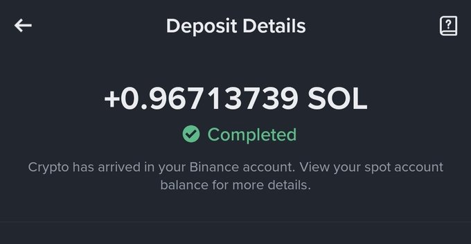 A "Deposit Details" screen showing a completed deposit of +0.96713739 SOL into a Binance account, with text confirming "Crypto has arrived in your Binance account." The image appears to be a screenshot shared as proof of a successful Solana deposit, likely in response to the tagged user's assistance.