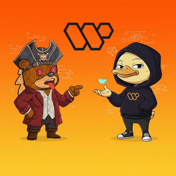 The image features two cartoon characters, a bear wearing a pirate hat and a duck wearing a hoodie, standing next to each other against an orange background. The text "bruh @wallchain just dropped this @wallchain select thing with ai automated targeted creator campaigns niche and lookalike audiences delivering 6x better results than average manual selection tbh fixed payouts and clear terms for creators getting matched with projects their" is present, which seems to be related to the post about the wallchain.