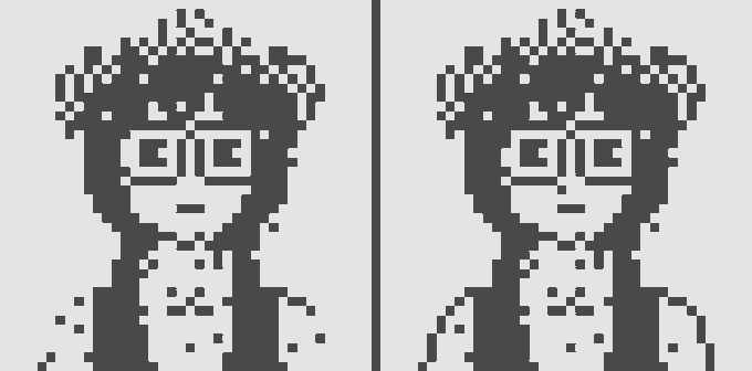 A black and white pixel art image showing two identical side-by-side portraits of a person with spiky hair and square glasses.