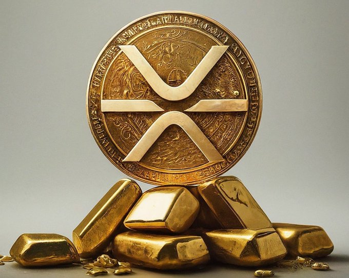 A stack of gold bars and coins sits beneath a large golden medallion featuring the XRP logo prominently displayed, symbolizing the cryptocurrency's potential value and wealth, directly reinforcing the post's bullish claim that #XRP could reach $1000.
