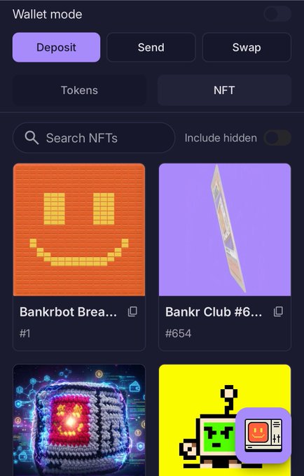 A mobile wallet interface displaying NFT collections, including 'Bankrbot Brea...' (#1) and 'Bankr Club #6...' (#654), with options for Deposit, Send, and Swap.