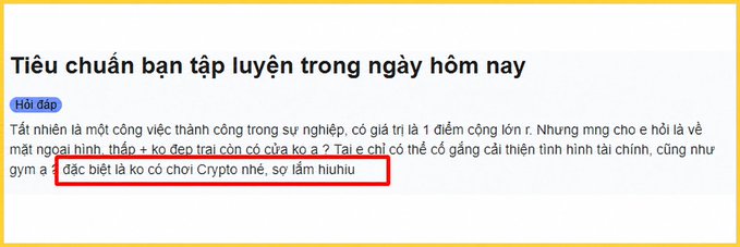 A Vietnamese text post titled 'Tiêu chuẩn bản tập luyện trong ngày hôm nay' (Today's practice standards) with a highlighted section about not playing Crypto because it's embarrassing.