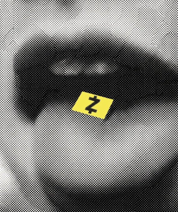 A halftone-styled image shows a close-up of a person's mouth and chin. They are slightly smiling, with a yellow sticker bearing a black Z-shaped currency symbol (Zcash) overlaid on their lips.