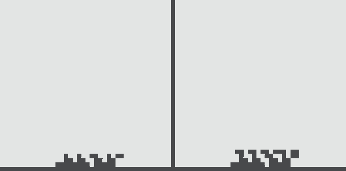 A minimalist pixel-art style image showing two small castle silhouettes separated by a tall vertical pillar on a light gray background, resembling a chrome dinosaur game scene.