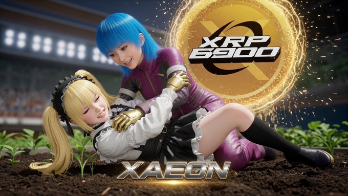 A promotional graphic for "XRP 6900" and "XAEON" featuring two cosplayers in colorful outfits (one with blue hair, one with blonde pigtails) posing in a stadium-like setting with plants growing in the soil.