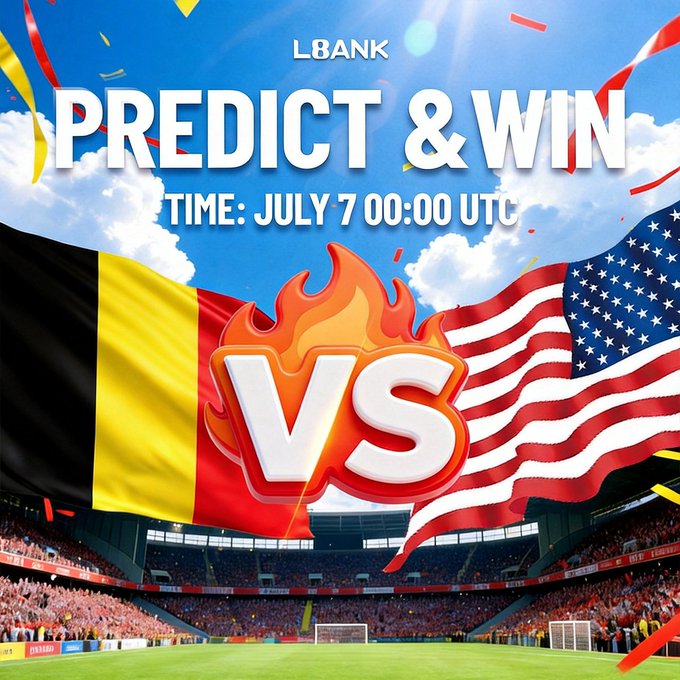 The image is a promotional graphic for an LBank "Predict & Win" event, featuring the Belgium flag versus the USA flag with a fiery "VS" emblem set against a stadium backdrop, scheduled for July 7 at 00:00 UTC. However, this conflicts with the post, which describes a Portugal vs. Spain Round of 16 match, suggesting the image's flag pairing does not match the actual matchup being promoted.