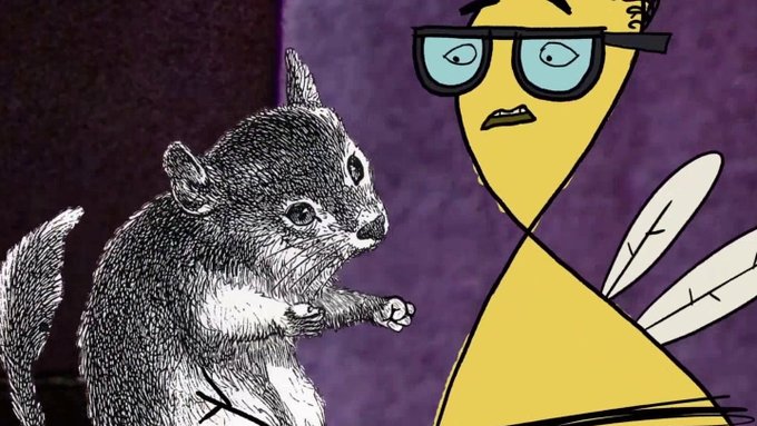 An illustrated image featuring a detailed black-and-white drawing of a squirrel next to a yellow cartoon character wearing glasses with a distressed expression.