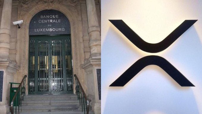 A split image shows the entrance of the Banque Centrale du Luxembourg on the left and the black XRP logo on the right, visually linking the Central Bank of Luxembourg with the XRP cryptocurrency referenced in discussions about the $300 trillion cross-border payments market.