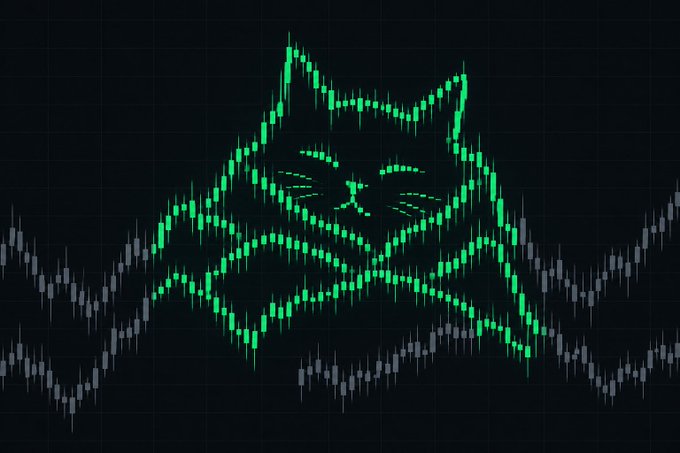 A digital graphic depicting a cat face formed from green trading candlestick charts against a dark grid background.
