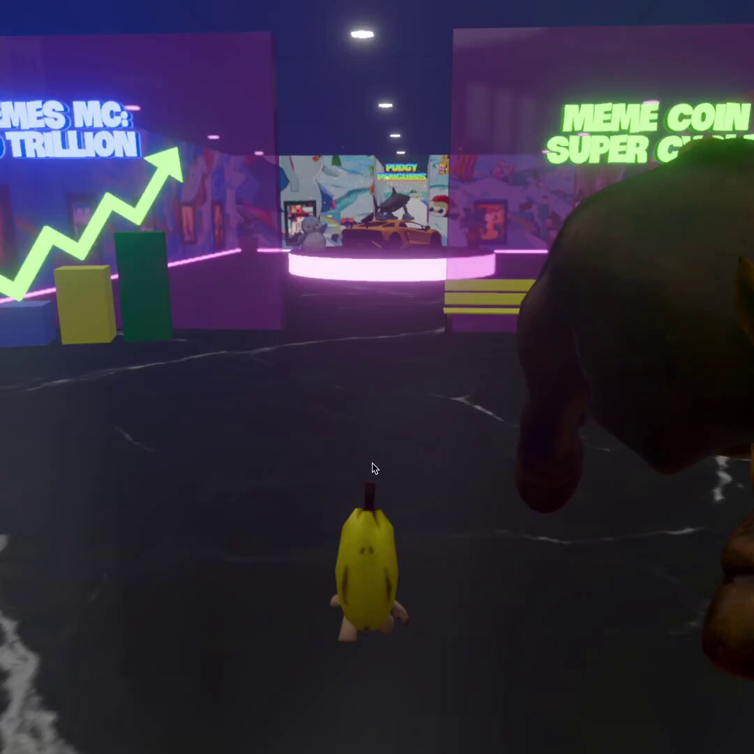 The image shows a cartoon banana character standing alone, with its arms and legs spread out as if it's waving or dancing. The banana appears to be in front of a neon sign that says "We are live CA: 9UGq5hUeaXwXBiHuDVJTQwpTCEjTrD42WMFzBmk7pump". This cartoon banana character is located on the left side of the image, while the neon sign is positioned on the right. The background features a dark purple color with some green elements and a few other signs in the distance.