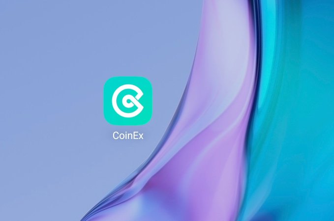The CoinEx logo, a teal app icon with a white stylized "C" and the name "CoinEx" beneath it, is displayed against a fluid purple, pink, and blue gradient background. The imagery visually represents the cryptocurrency exchange brand mentioned in the breaking news announcement that CoinEx is shutting down all operations.
