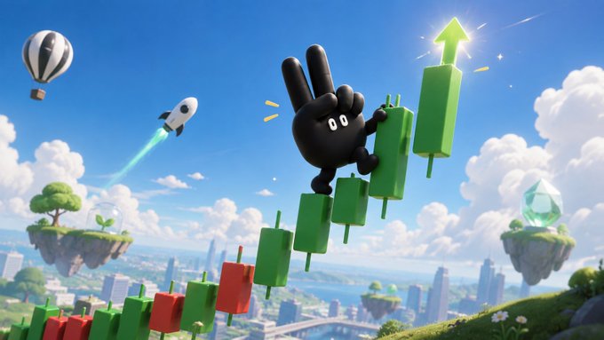 A 3D illustration of a black cartoon character climbing a green candlestick chart with an upward arrow, set against a sky with floating islands.
