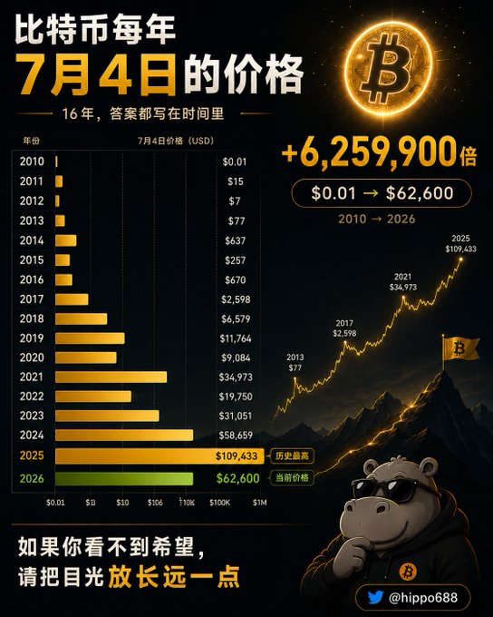 A Chinese-language Bitcoin price infographic titled '比特币每年7月4日的价格' showing BTC's July 4th price from 2010-2026, highlighting a +6,259,900x gain from $0.01 to $62,600, with a hippo mascot and the handle @hippo688.