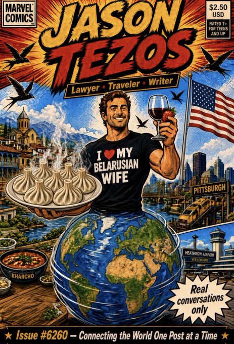 A Marvel Comics-style parody cover featuring 'JASON TEZOS - Lawyer Traveler Writer' in an 'I ❤️ MY BELARUSIAN WIFE' t-shirt, holding wine and pierogi over a globe, priced at $2.50, Issue #6260.
