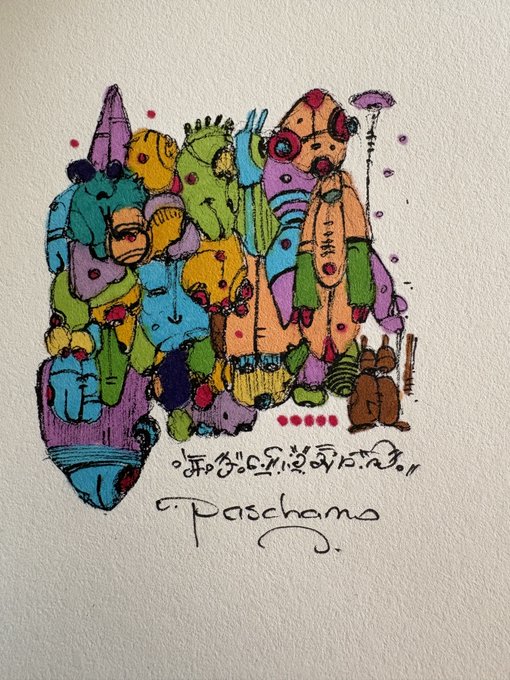 A colorful, whimsical illustration of cartoon characters and creatures with the word "Paschas" written below them in a decorative font.