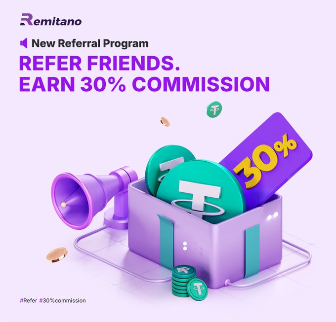 A promotional advertisement for Remitano's "New Referral Program" featuring the tagline "REFER FRIENDS. EARN 30% COMMISSION" with a 3D illustration of a megaphone, coins, and a gift box on a purple background.