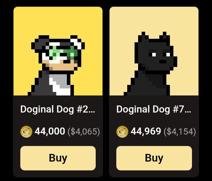 Two NFT listings for 'Doginal Dog #2...' and 'Doginal Dog #7...' priced at 44,000 ($4,065) and 44,969 ($4,154) respectively, featuring pixel art dog characters.