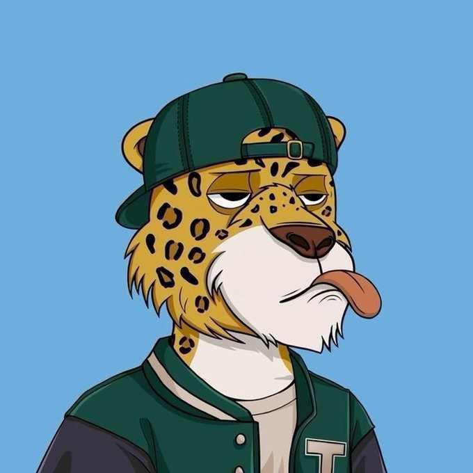 A cartoon-style illustration of a leopard character wearing a green backwards cap and green varsity jacket with a "T" emblem, sticking its tongue out against a blue background.