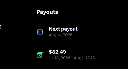 A dark digital interface displays a 'Payouts' section showing a 'Next payout' date of 'Aug 14, 2026' and a past payment of '$82.49' for 'Jul 18, 2026 - Aug 1, 2026'.