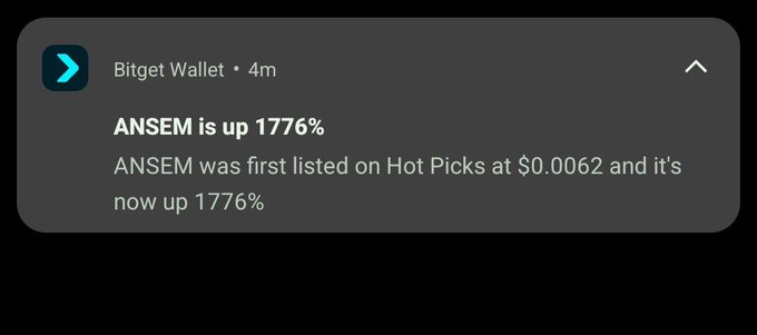 Bitget Wallet notification announcing that ANSEM is up 1776%, first listed on Hot Picks at $0.0062.