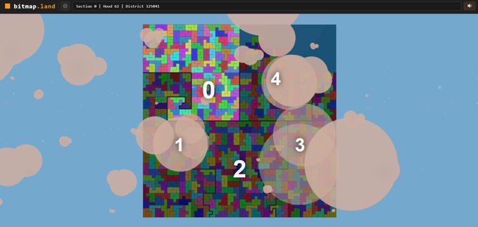 The image shows the bitmap.land website interface with "Section 0 | Mood #2 | District 126994" displayed at the top, featuring a colorful pixelated map in the center with numbered circular overlays (0-4) on a blue background with cloudy graphics, which appears to be a preview for an updated sat map project on the Bitmap directory platform.
