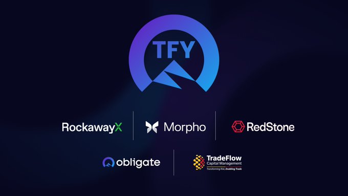 A dark blue presentation slide features a large “TFY” logo above partner names and logos: “RockawayX,” “Morpho,” “RedStone,” “obligate,” and “TradeFlow Capital Management,” with the tagline “Transforming Risk, Enabling Trade.”