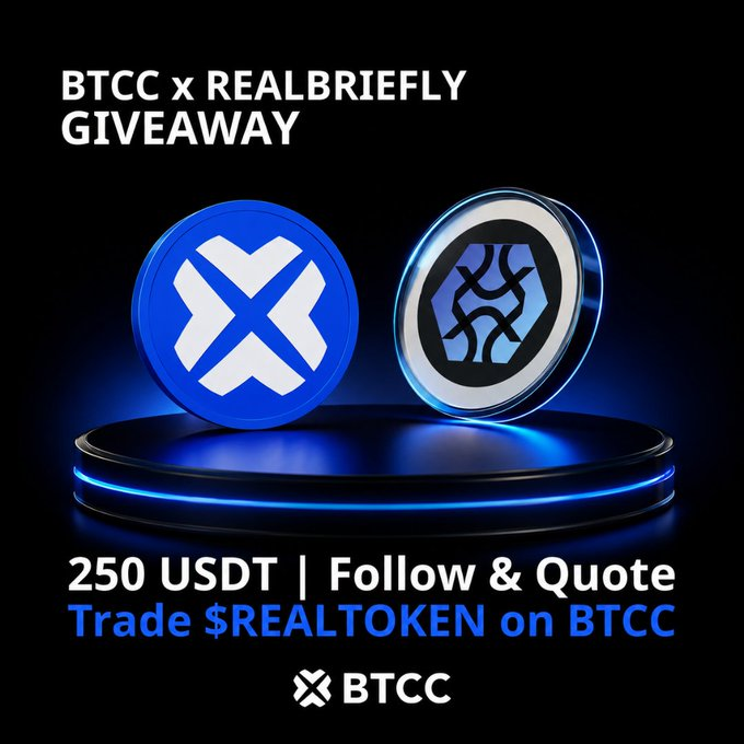 This image features a pair of blue coin-shaped coins, possibly a digital currency token from Bitcoin. The coins are placed side by side against a black background with some text written below them. The main content of the image includes two coin images accompanied by text that promotes Bitcoin, real coins, and offers a trade for USDT in exchange for a RealFToken on Btccc.