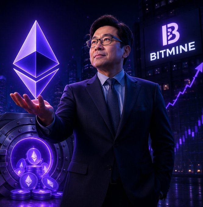 A stylized image of an Asian businessman in a suit holding a glowing Ethereum diamond logo, with the 'BITMINE' logo displayed and an upward trending chart in the background, surrounded by Ethereum coins.