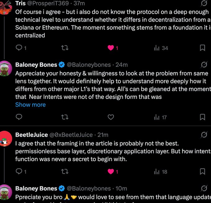 A screenshot of Twitter/X replies shows a conversation involving users Tris, Baloney Bones, and BeetleJuice discussing the technical decentralization of blockchain protocols like Solana and Ethereum, with mention of 'permissionless base layer' and 'Near Intents'.