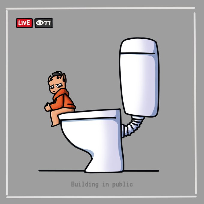 A cartoon illustration of a small character in an orange hoodie sitting on a toilet with a 'LIVE' indicator, viewer count of '17', and the text 'Building in public' at the bottom.